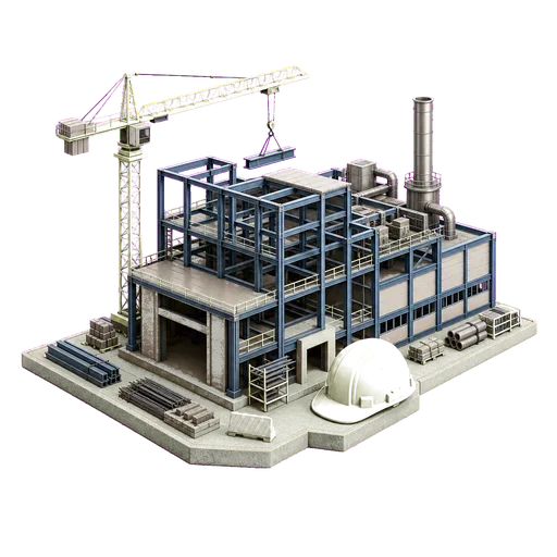3D large factory construction icon with estimated project price