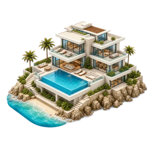 3D oceanfront mansion icon with estimated US market price